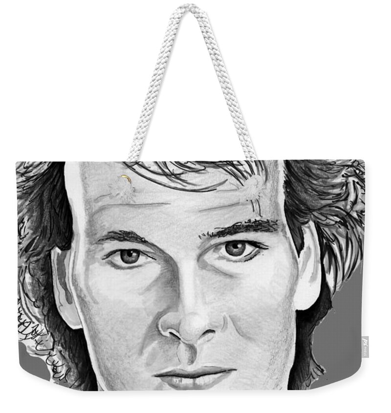 Patrick Weekender Tote Bag featuring the drawing Patrick Swayze by Bill Richards