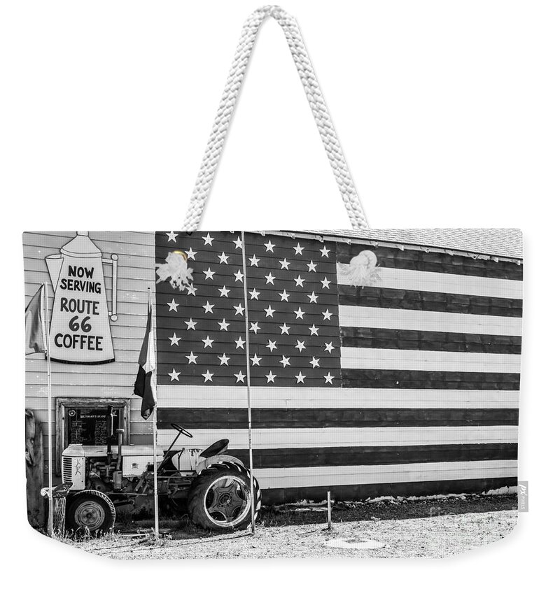 American Flag Weekender Tote Bag featuring the photograph Patriotic Route 66 by Anthony Sacco