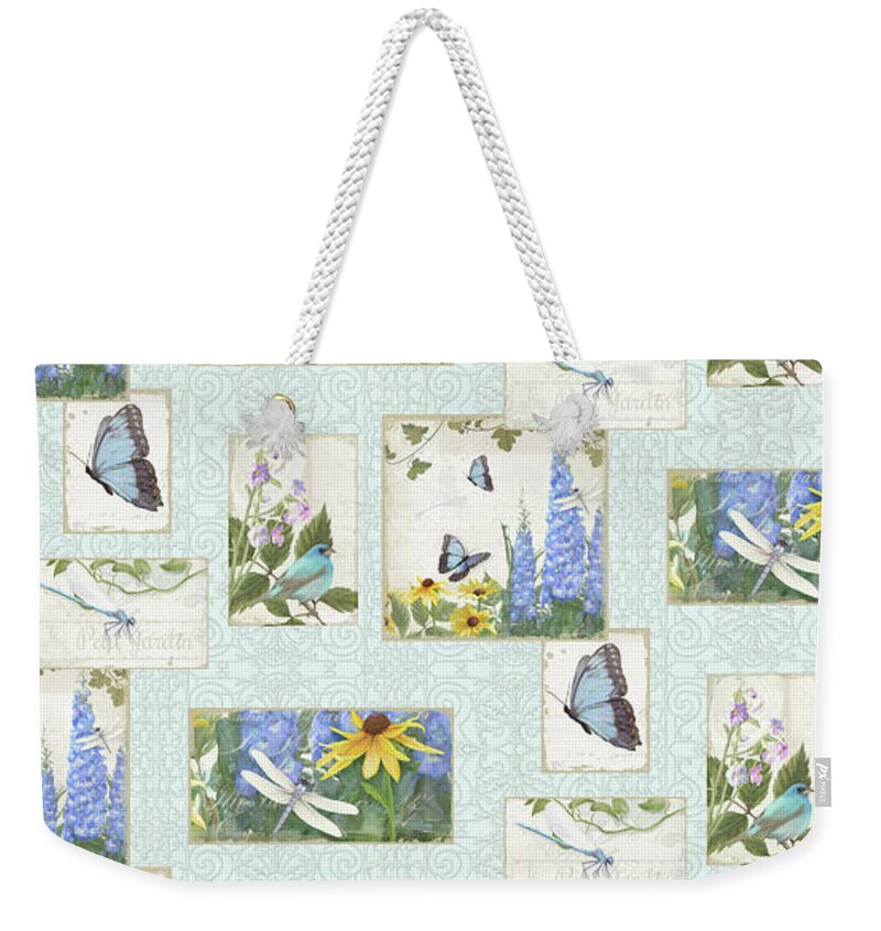 Half Drop Repeat Weekender Tote Bag featuring the painting Pattern Butterflies Dragonflies Birds and Blue and Yellow Floral by Audrey Jeanne Roberts