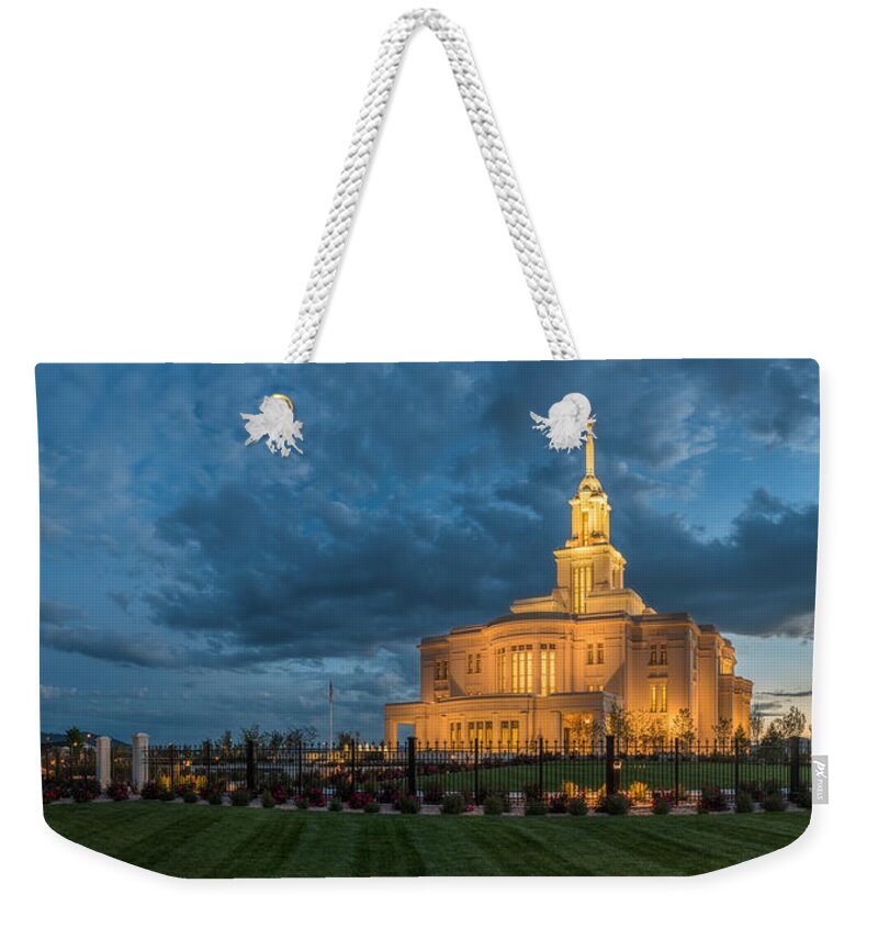 Payon Weekender Tote Bag featuring the photograph Payson Temple Panorama by Dustin LeFevre