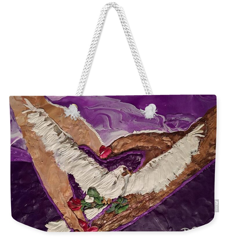 Hands Weekender Tote Bag featuring the mixed media Peace and Love by Deborah Stanley