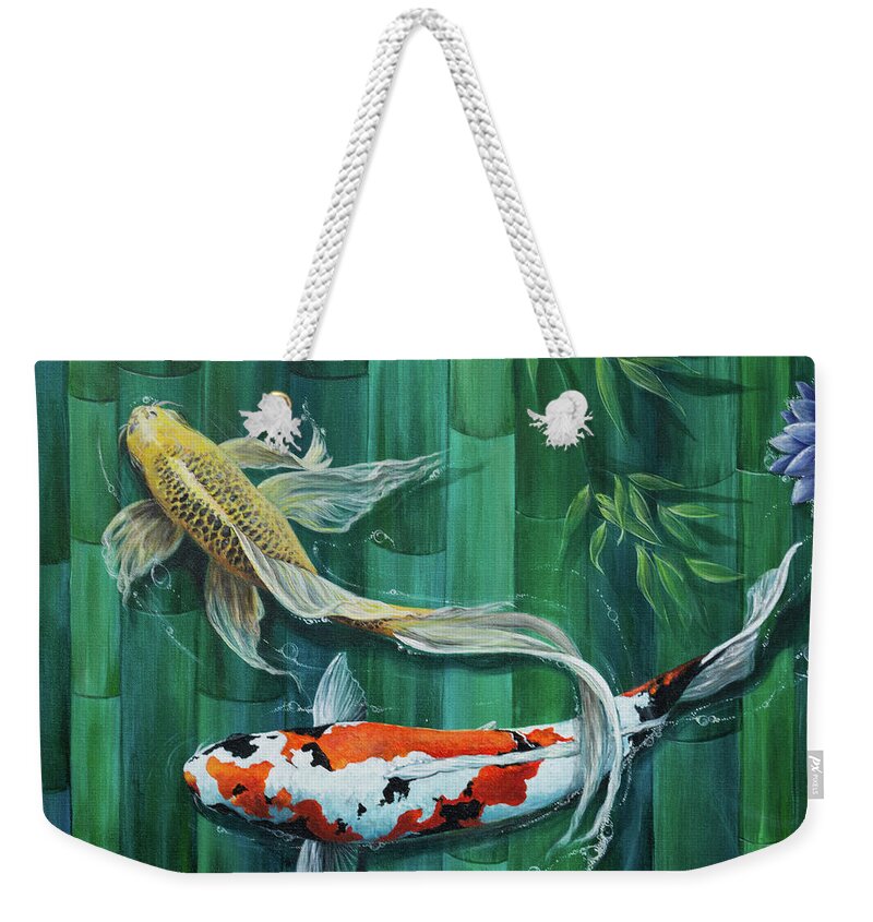 Koi Pond Weekender Tote Bag featuring the painting Peace And Strength by Vivian Casey Fine Art