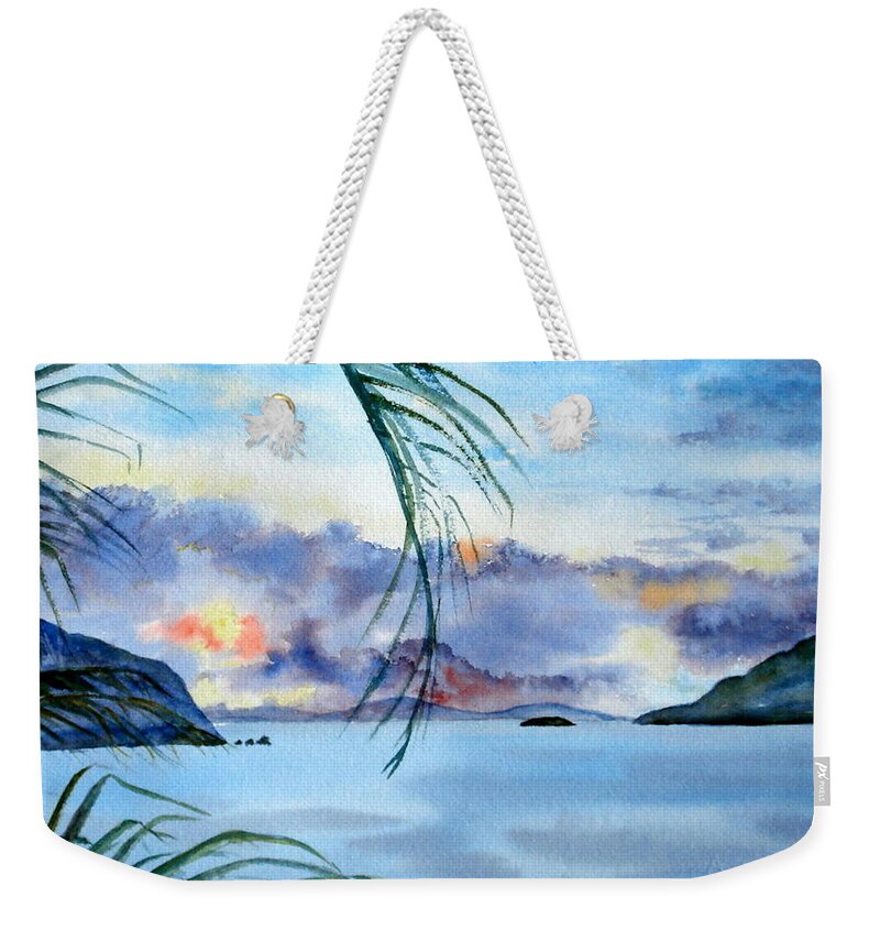 Sunset Weekender Tote Bag featuring the painting Peace in the Caribbean by Diane Kirk