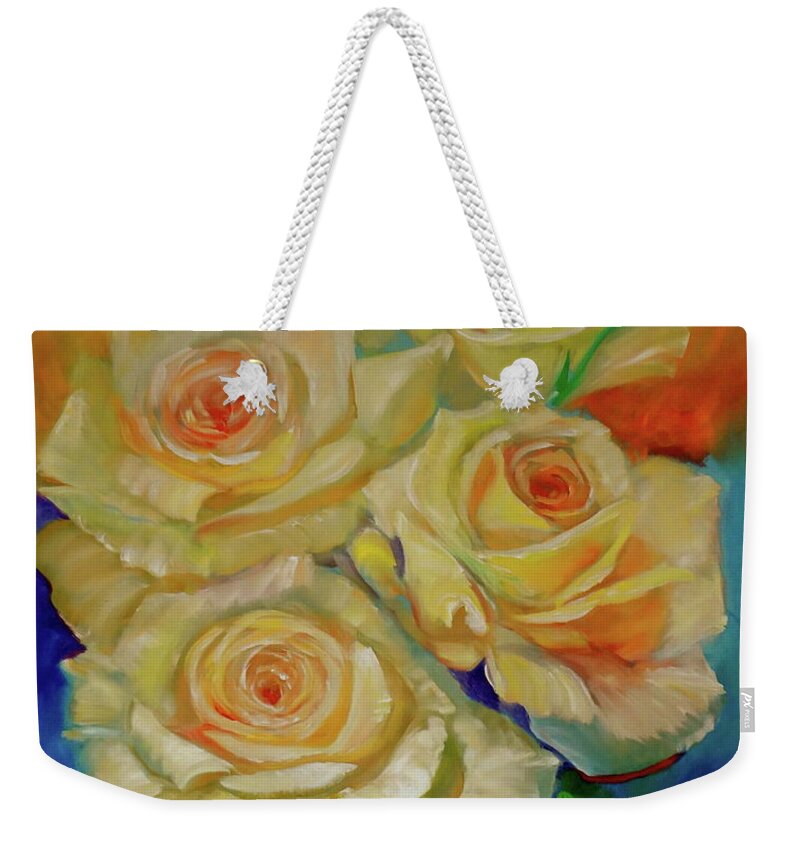 Roses Weekender Tote Bag featuring the painting Peace Roses by Jenny Lee