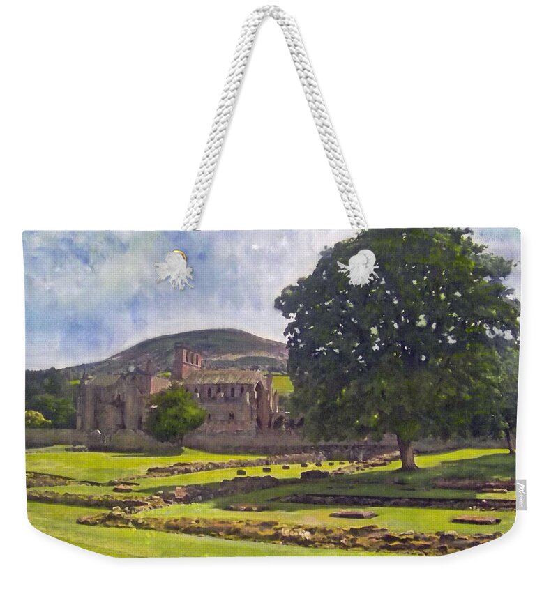 Landscape Weekender Tote Bag featuring the painting Peaceful Retreat - Melrose Abbey by Richard James Digance
