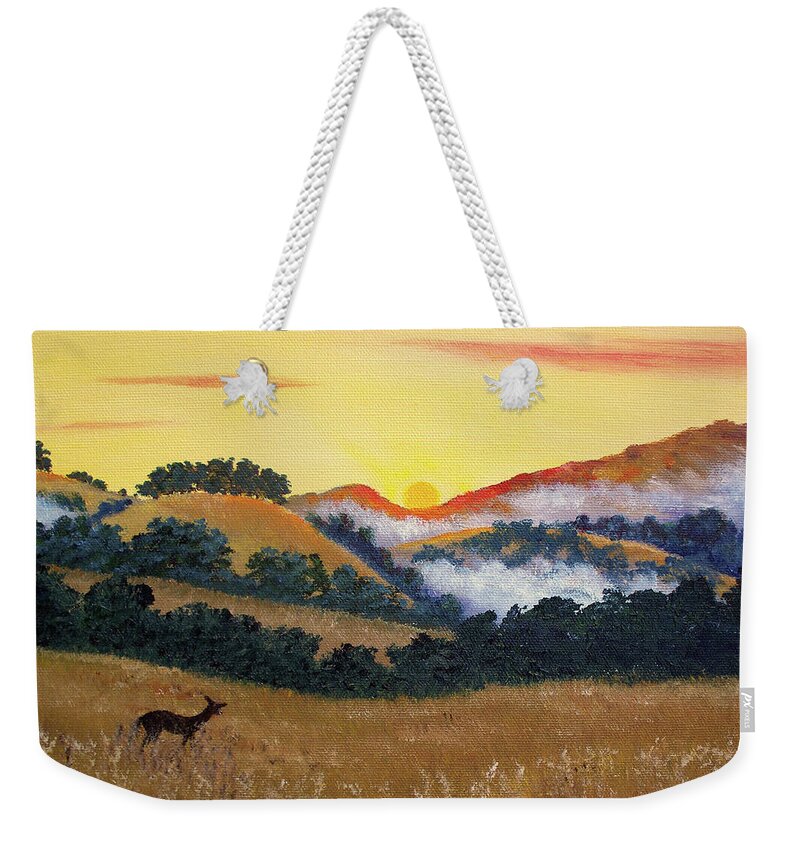 Deer Weekender Tote Bag featuring the painting Peaceful Sunset at Fremont Older by Laura Iverson