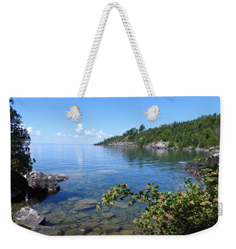 Huron Islands National Wildlife Refuge Weekender Tote Bag featuring the photograph Peaceful Tranquilty_ Surrounded By Danger by Janice Adomeit
