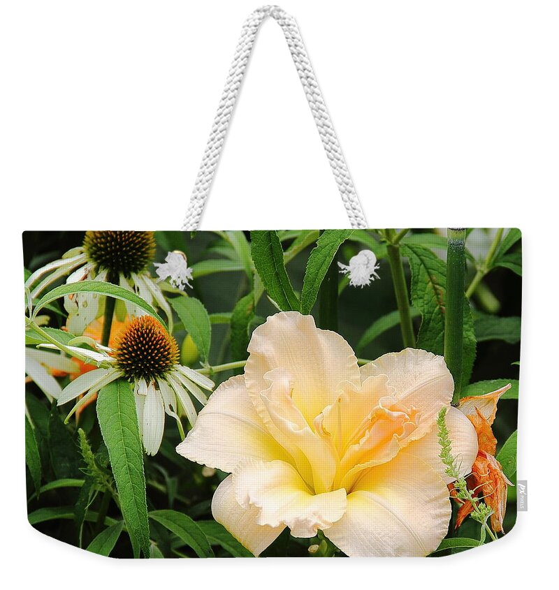 Flowers Weekender Tote Bag featuring the photograph Peach Daylily by Allen Nice-Webb