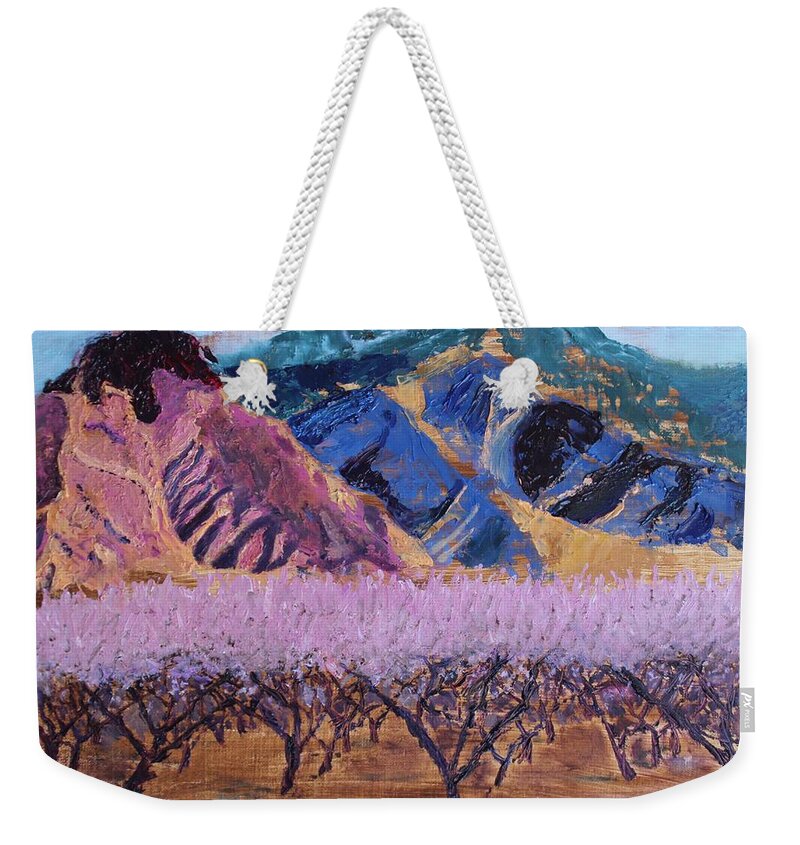 Mountain Weekender Tote Bag featuring the painting Peach Orchard Canigou by Vera Smith