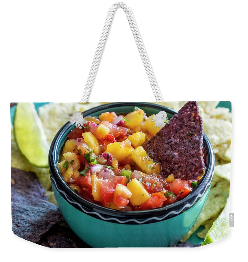 Colorado Peaches Weekender Tote Bag featuring the photograph Peach Salsa and Chips by Teri Virbickis
