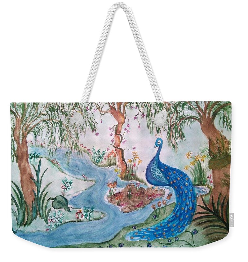  Whimsical Weekender Tote Bag featuring the painting Peacock Fantasy by Susan Nielsen