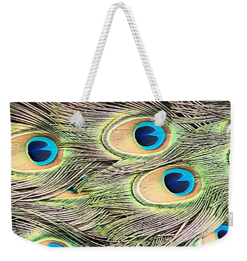 Peacock Weekender Tote Bag featuring the photograph Peacock Feather Jewels by Carol Riddle