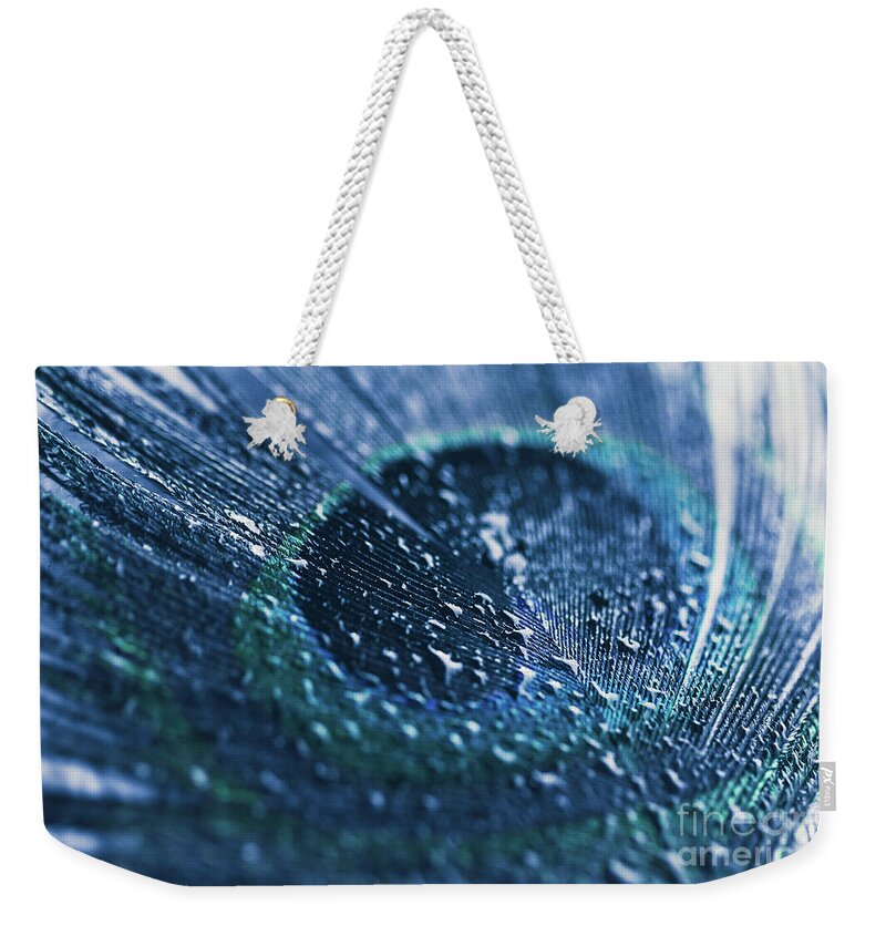 Peacock Weekender Tote Bag featuring the photograph Peacock Feather Macro Waterdrops by Sharon Mau