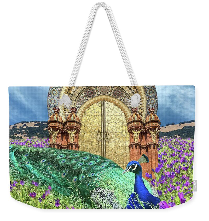 Peacock Weekender Tote Bag featuring the digital art Peacock Gate by Lucy Arnold