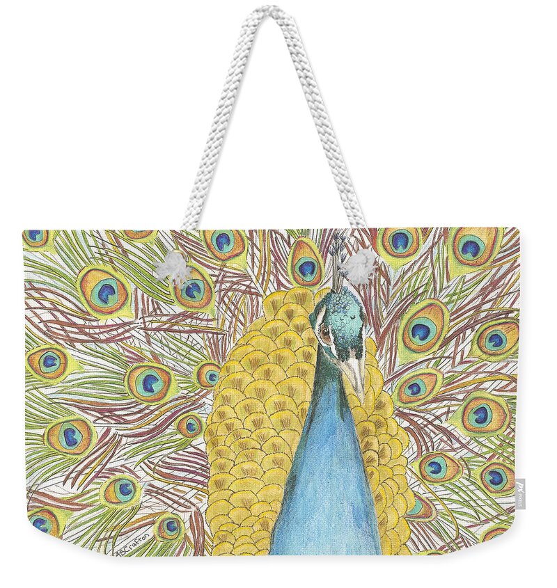Peacock Weekender Tote Bag featuring the drawing Peacock One by Arlene Crafton