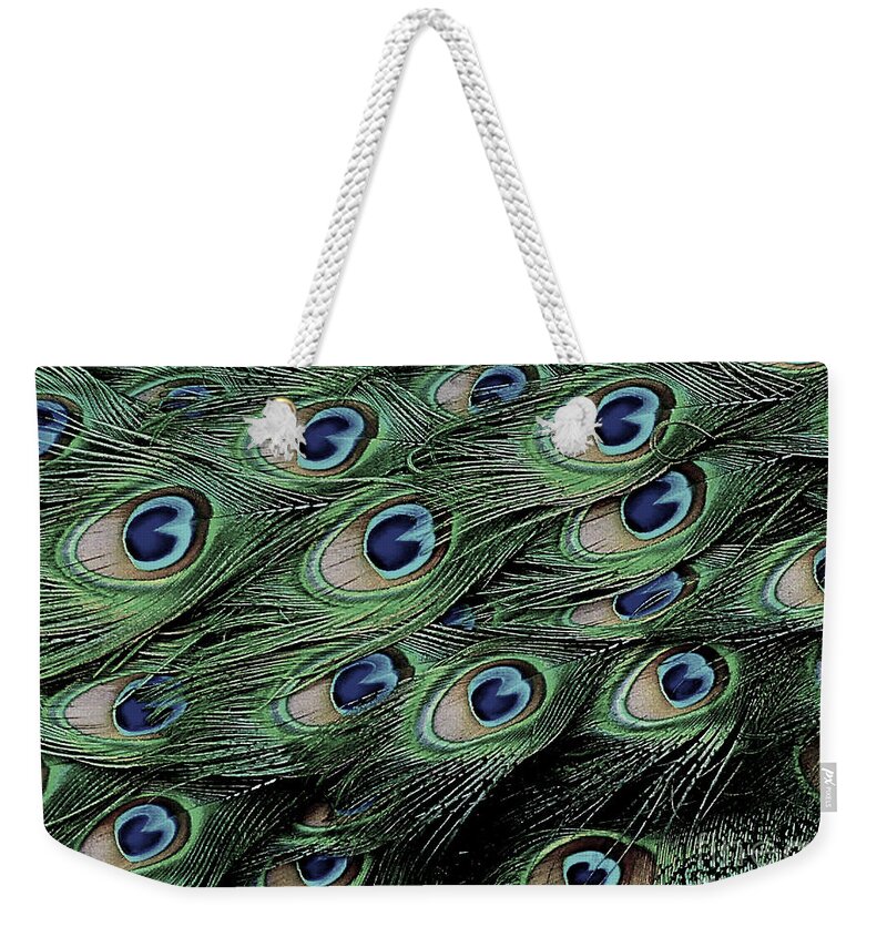 Feather Weekender Tote Bag featuring the photograph Peacock Tail Feathers by Jean Wright
