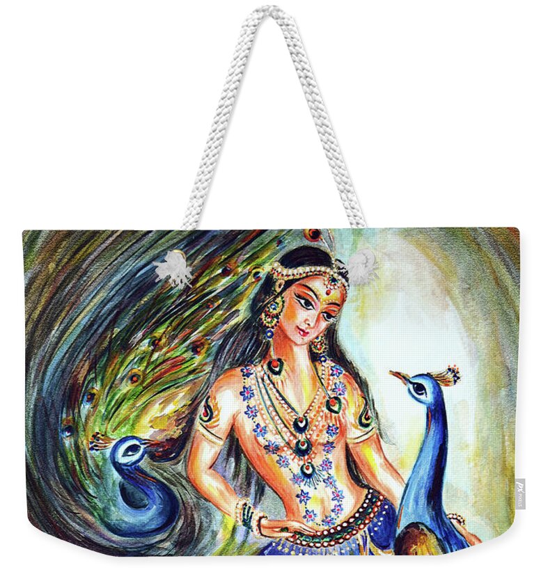 Peacock Weekender Tote Bag featuring the painting Peacocks - Lover by Harsh Malik