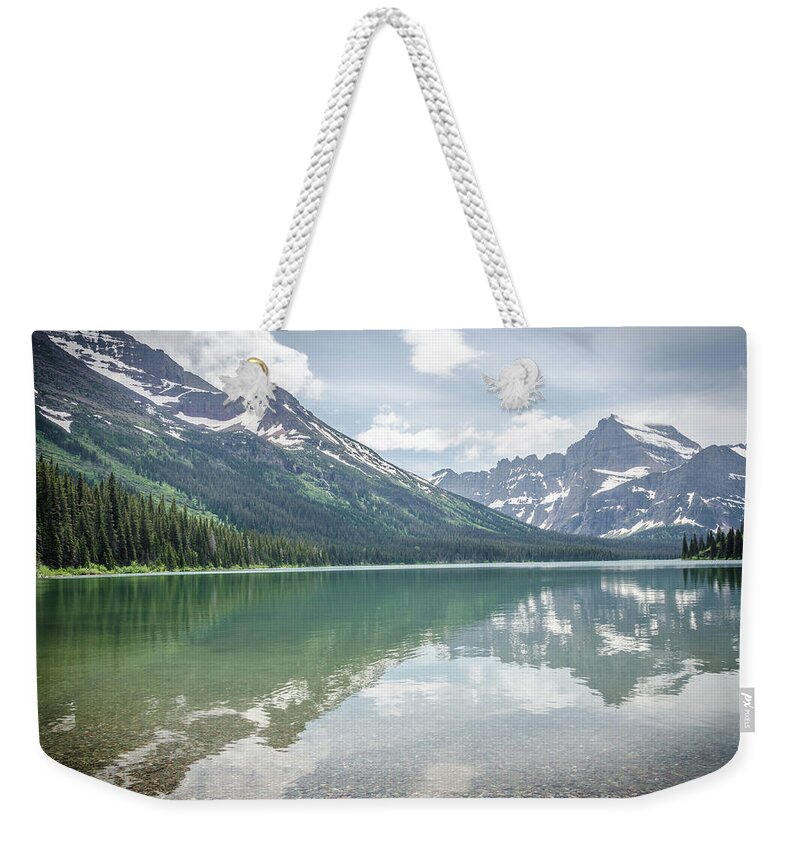 Glacier Weekender Tote Bag featuring the photograph Peaks at Lake Josephine by Margaret Pitcher