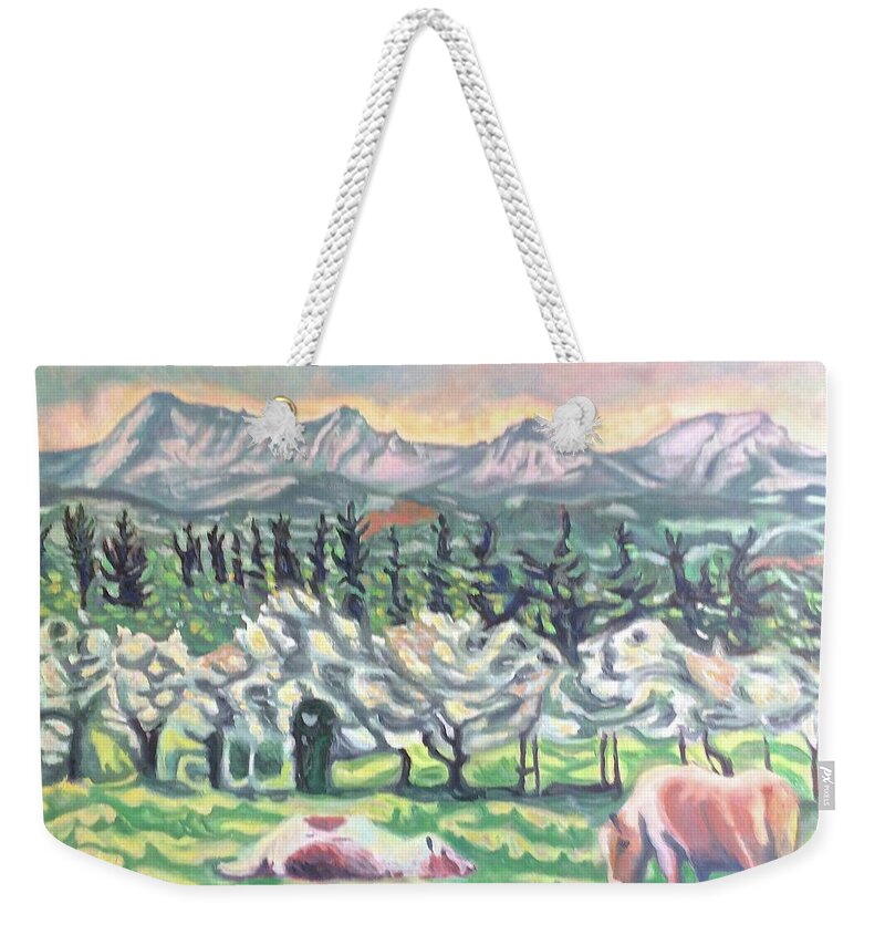 Landscape Weekender Tote Bag featuring the painting Pear Trees by Enrique Ojembarrena