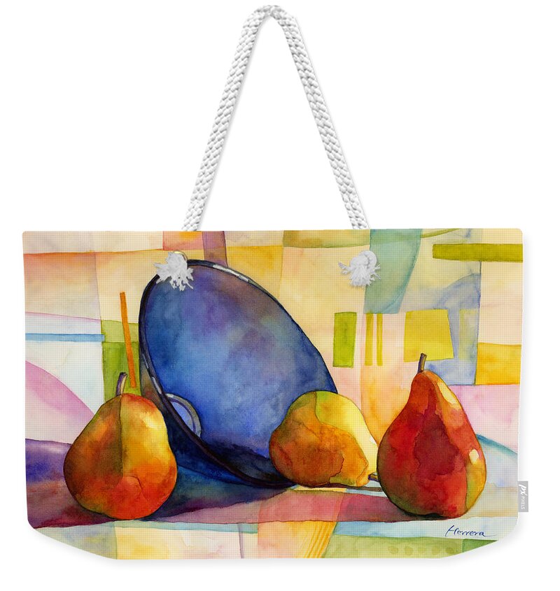 Pear Weekender Tote Bag featuring the painting Pears and Blue Bowl by Hailey E Herrera