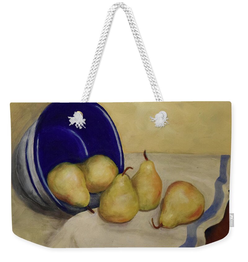 Still Life Weekender Tote Bag featuring the painting Pears and Blue Bowl by Sandra Nardone