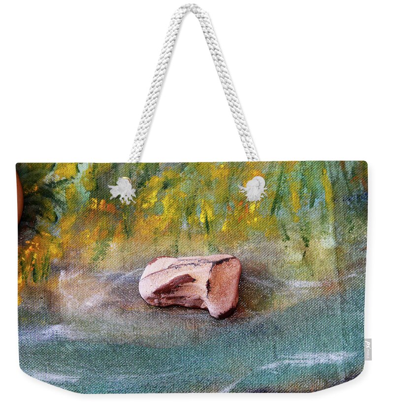 Augusta Stylianou Weekender Tote Bag featuring the photograph Pebble at the Stream by Augusta Stylianou