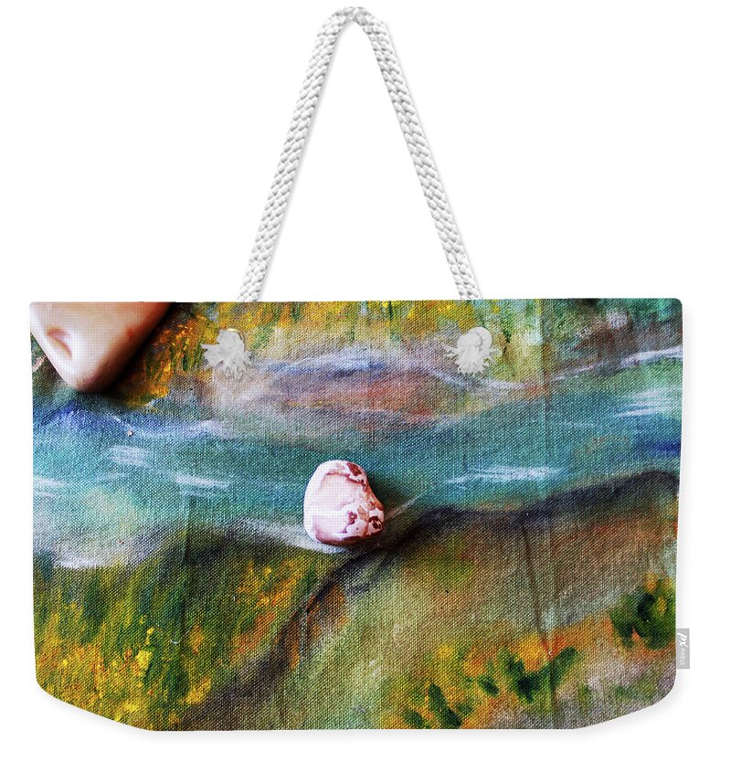 Augusta Stylianou Weekender Tote Bag featuring the digital art Pebbles at the stream by Augusta Stylianou