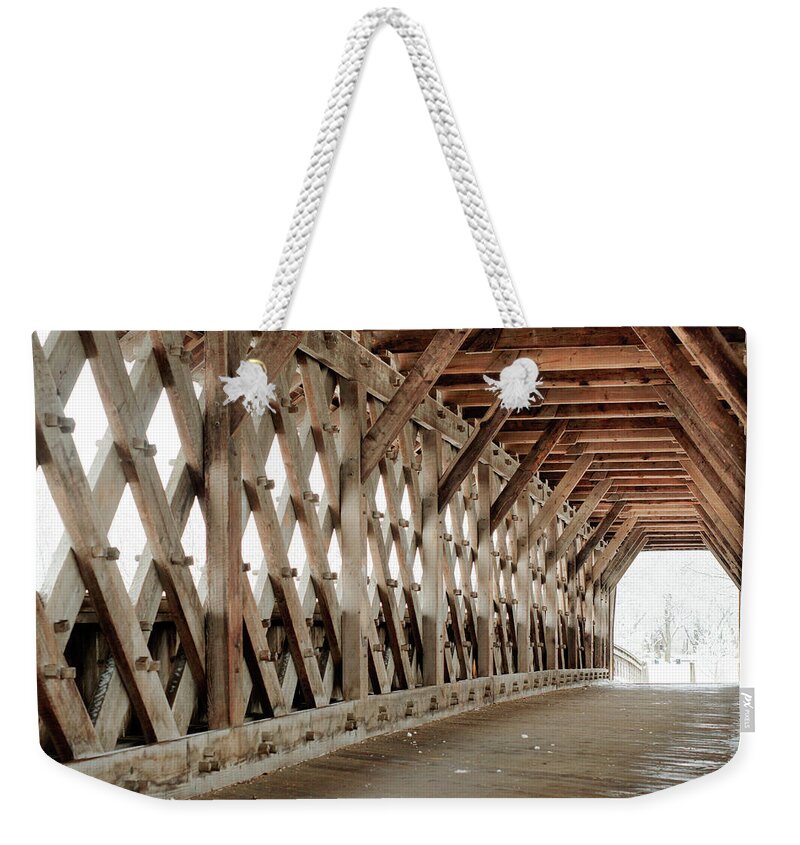 400 Framers Built This Pedestrian Lattice-work Bridge (after A 1 Weekender Tote Bag featuring the photograph Pedestrian Bridge Guelph Ontario by Nick Mares