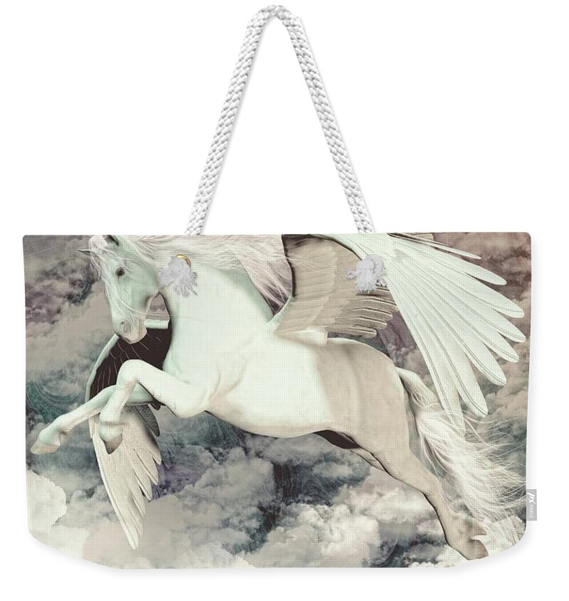 Pegasus Weekender Tote Bag featuring the digital art Pegasus flight Olympus by Quim Abella