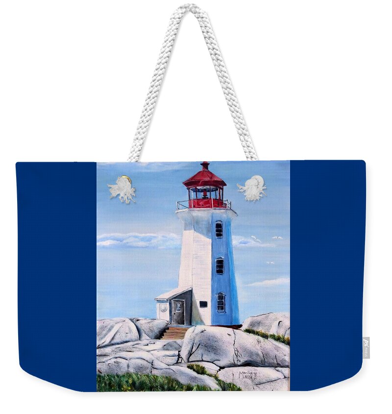 Peggy's Cove Weekender Tote Bag featuring the painting Peggy's Cove Lighthouse by Marilyn McNish