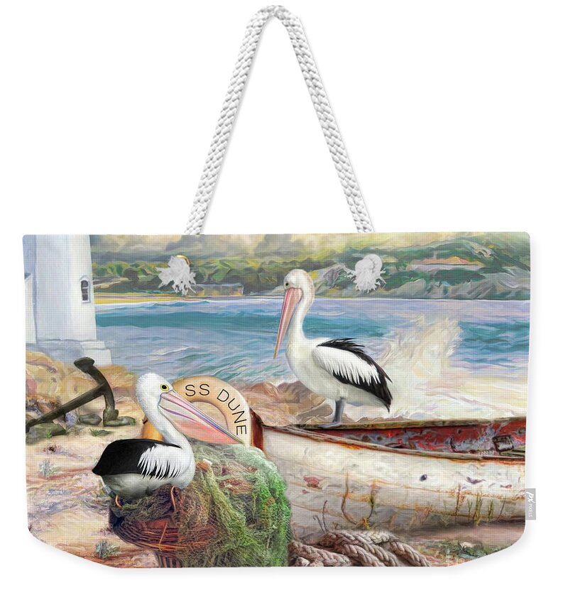 Pelican Weekender Tote Bag featuring the digital art Pelican Cove by Trudi Simmonds