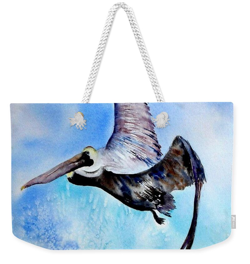 Birds Weekender Tote Bag featuring the painting Pelican in Flight by Diane Kirk