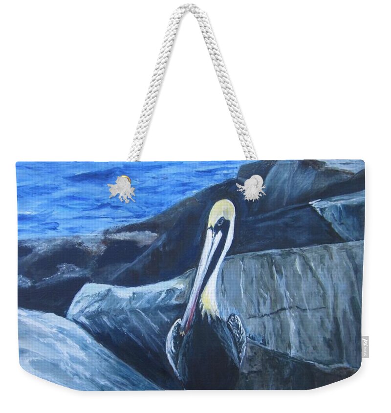 Pelican Weekender Tote Bag featuring the painting Pelican On The Rocks by Paula Pagliughi
