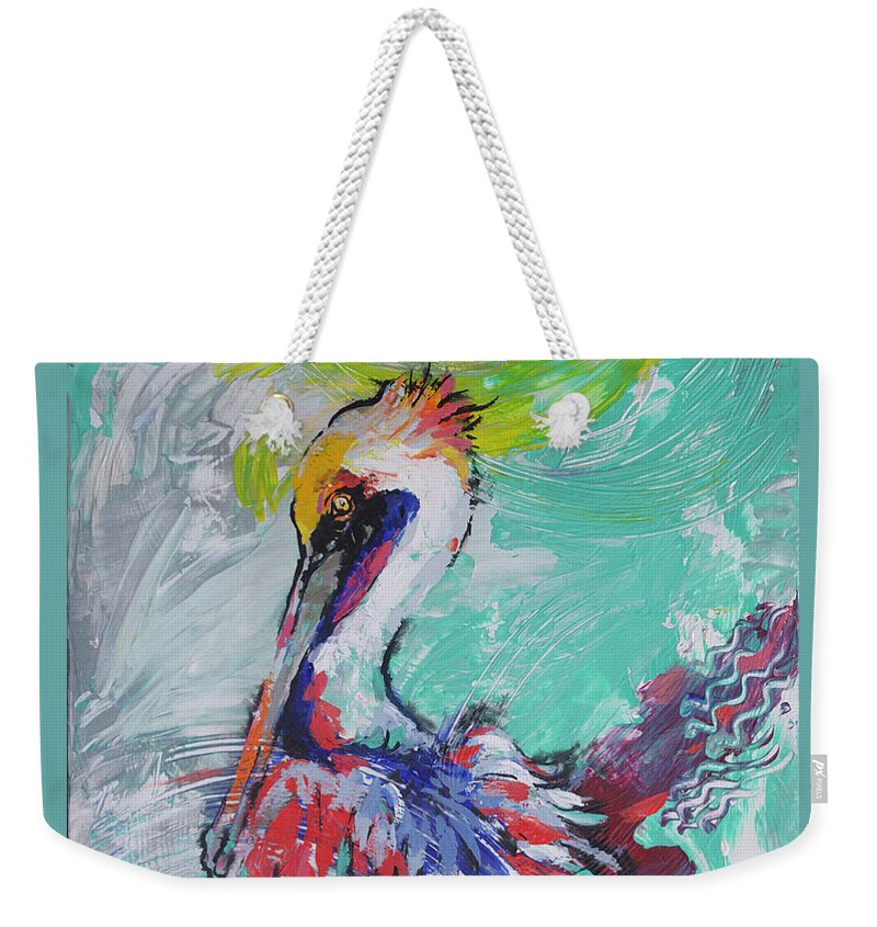 Pelican Weekender Tote Bag featuring the painting Pelican Perch by Jyotika Shroff