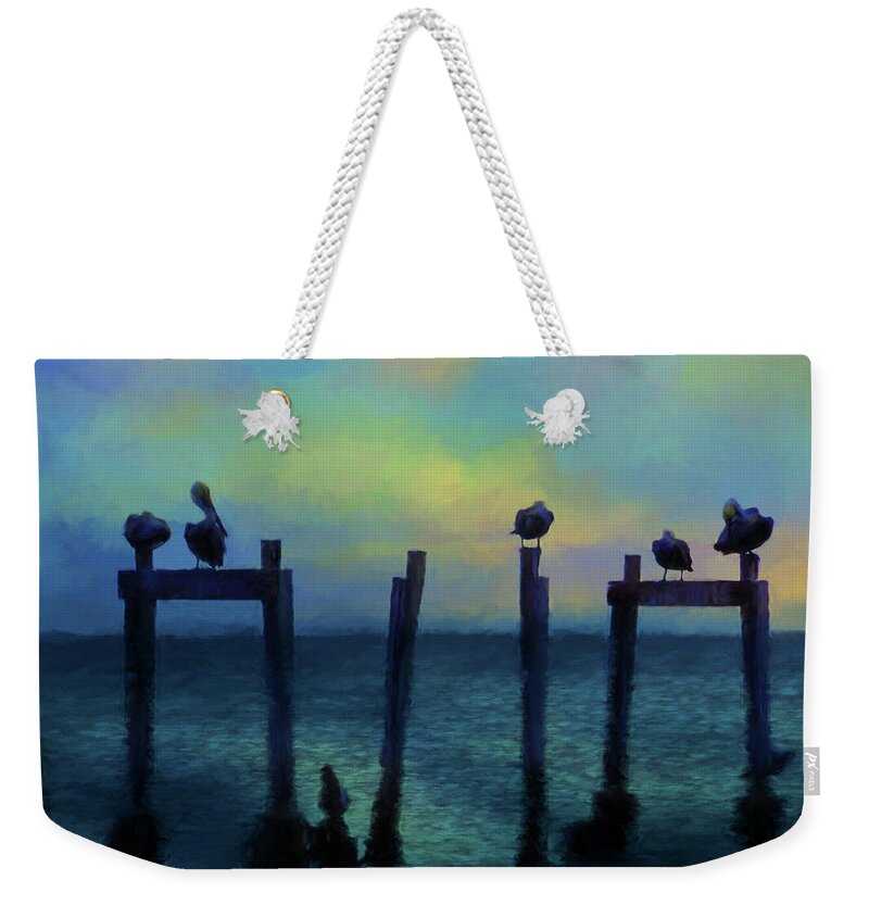 Pelicans Weekender Tote Bag featuring the photograph Pelicans At Sunset by Jan Amiss Photography