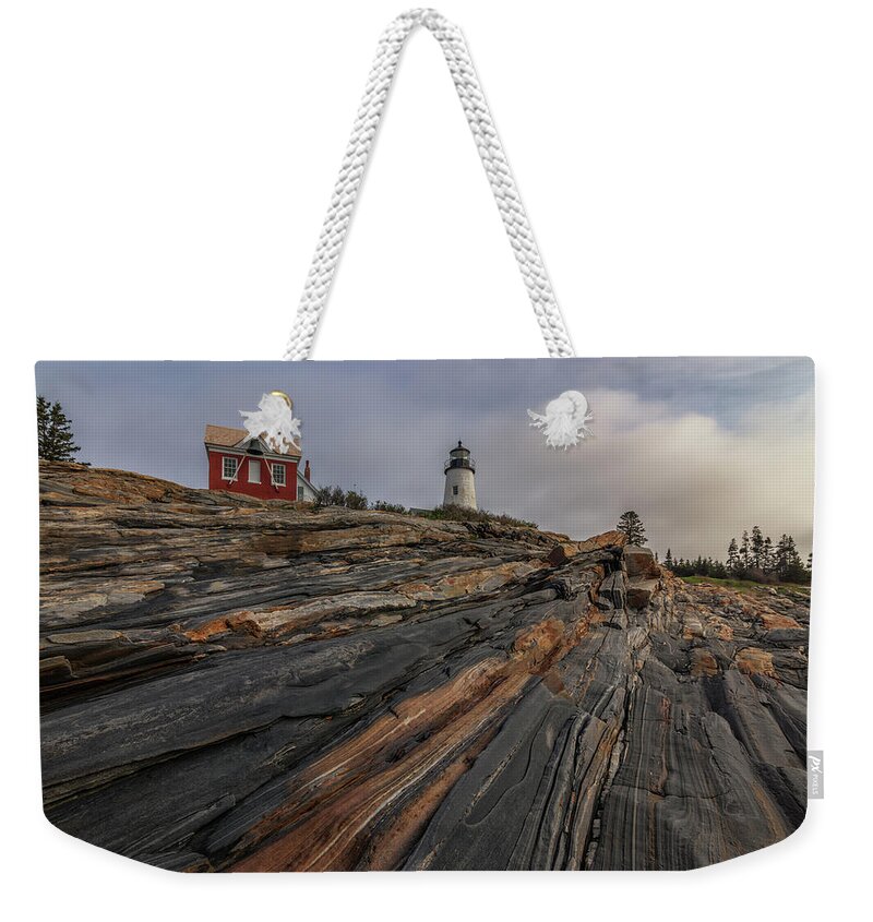 Pemaquid Point Lighthouse Weekender Tote Bag featuring the photograph Pemaquid Point Cliffs by Kristen Wilkinson