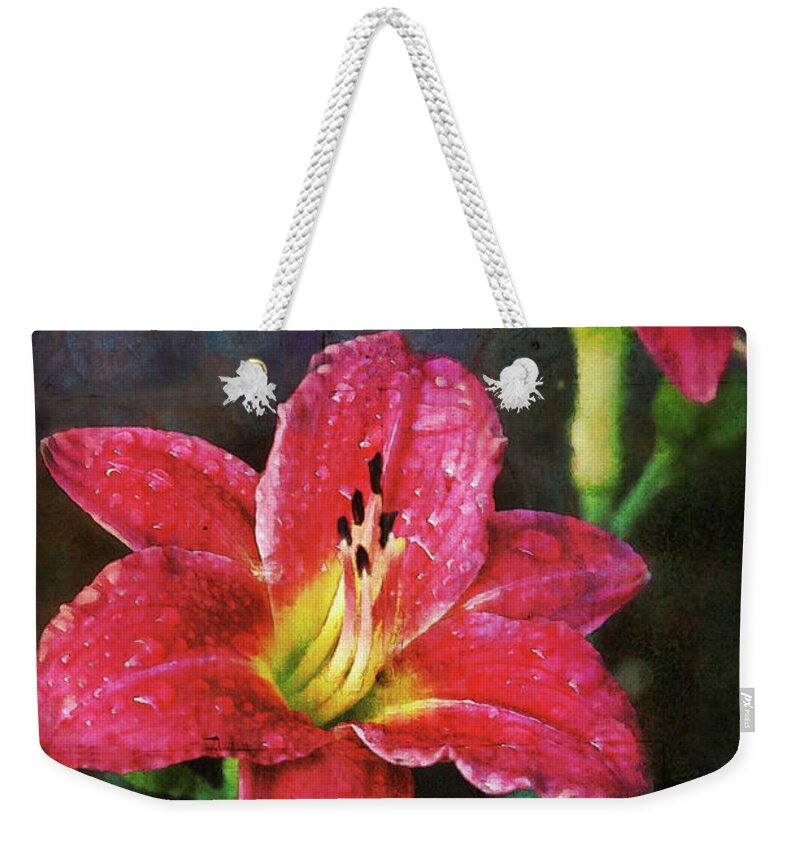 Red. Lily Weekender Tote Bag featuring the photograph After the Rain Lily by Jerry Griffin