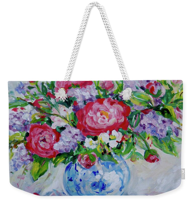 Flowers Weekender Tote Bag featuring the painting Peonies and Lilacs by Ingrid Dohm
