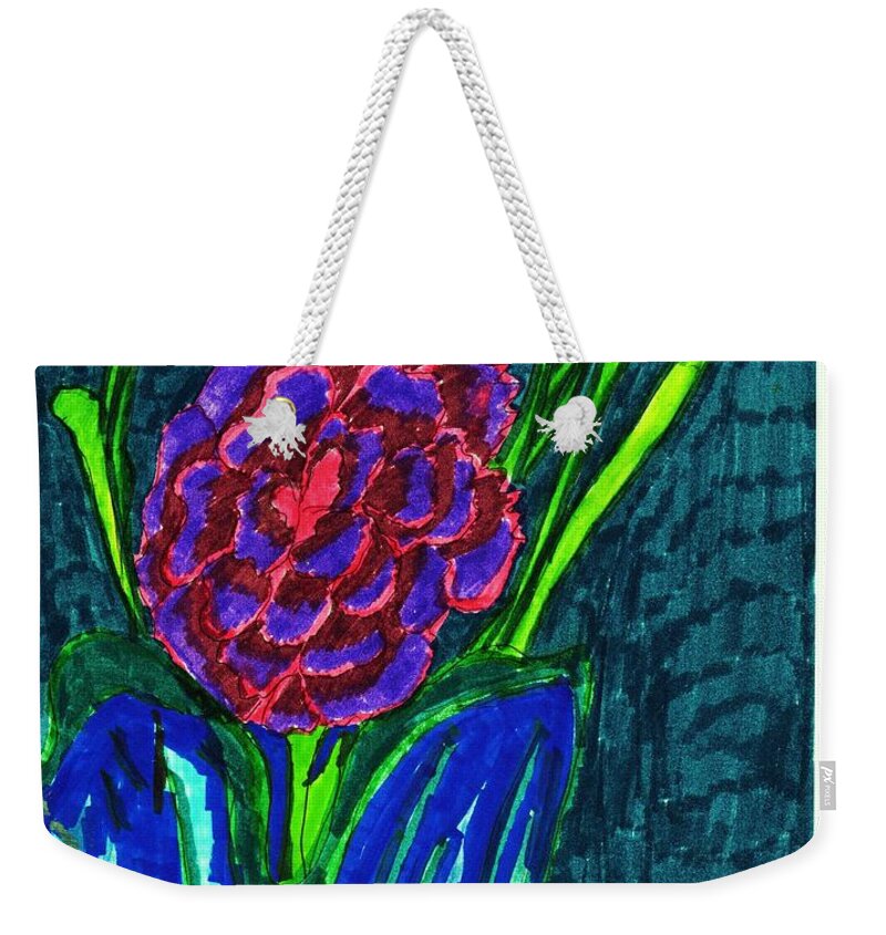 A Bouquet Of Pink Purple And Red Peonies In A Blue Vase Weekender Tote Bag featuring the mixed media Peonies in a Glass Vase by Elinor Helen Rakowski