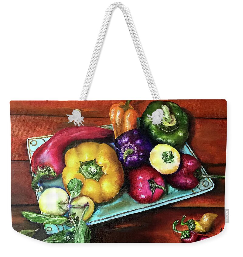 Still Life Weekender Tote Bag featuring the painting Peppers and a Turquoise Tray by Terry R MacDonald