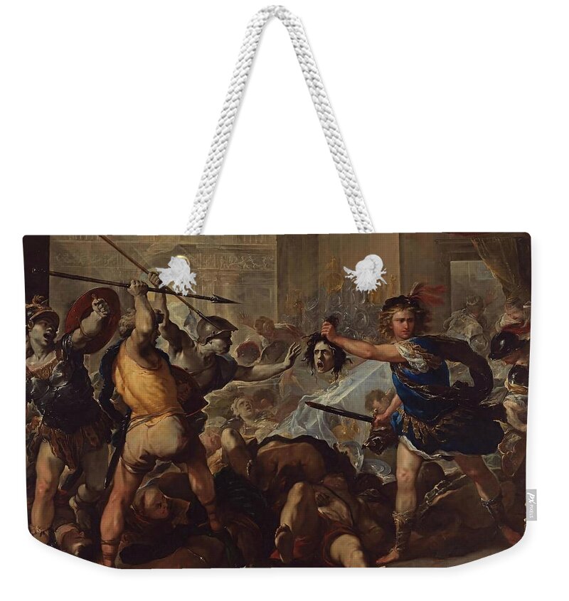 Luca Giordano Weekender Tote Bag featuring the painting Perseus fights Phineas by Luca Giordano