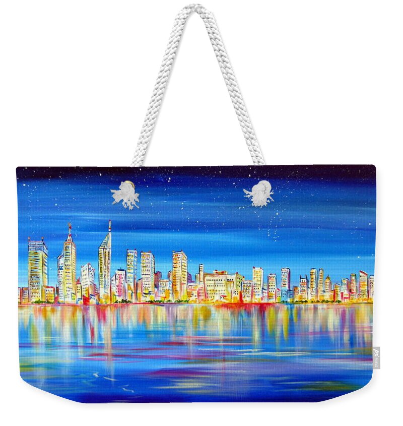 Perth Weekender Tote Bag featuring the painting Perth Skyline on the Swan by Roberto Gagliardi