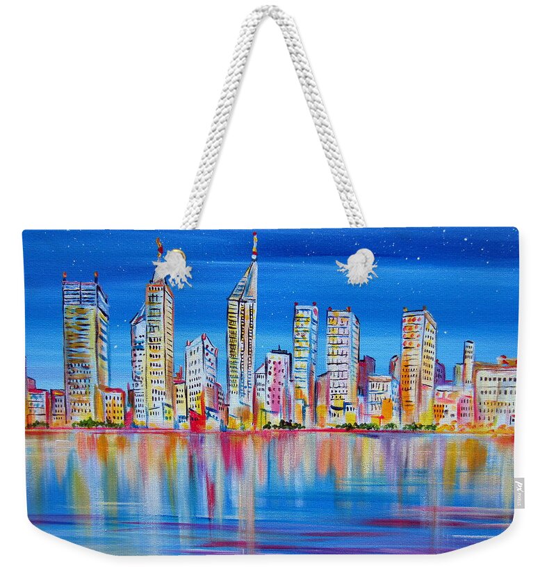 Perth Weekender Tote Bag featuring the painting Perth Skyscrapers Skyline on the Swan River by Roberto Gagliardi