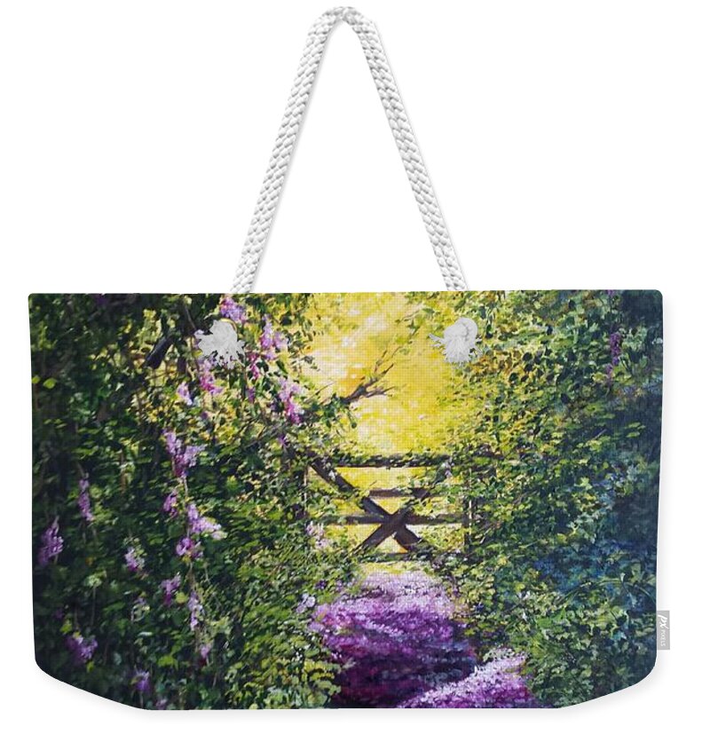 Inspirational Weekender Tote Bag featuring the painting Petal strewn pathway, into the light by Lizzy Forrester