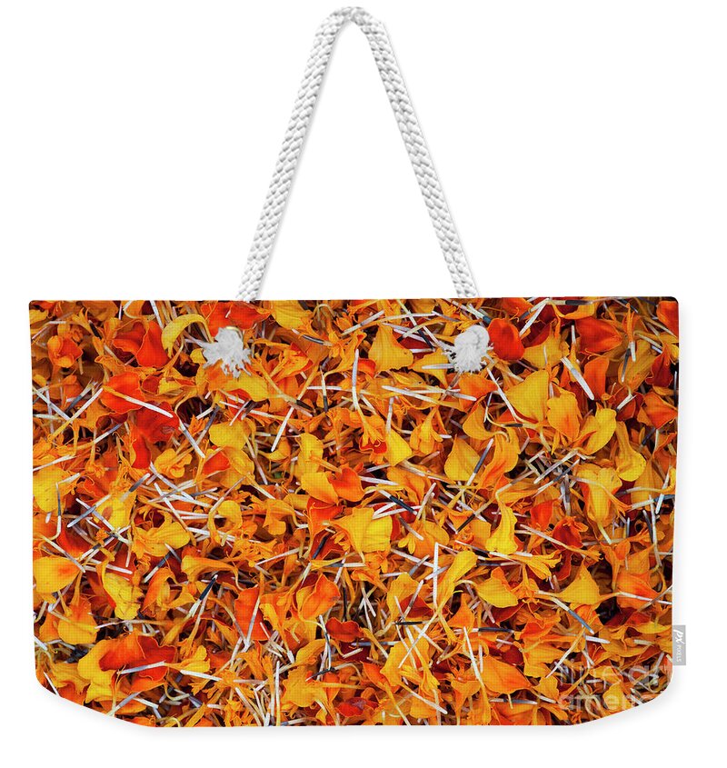 Marigold Weekender Tote Bag featuring the photograph Petals Galore by Tim Gainey