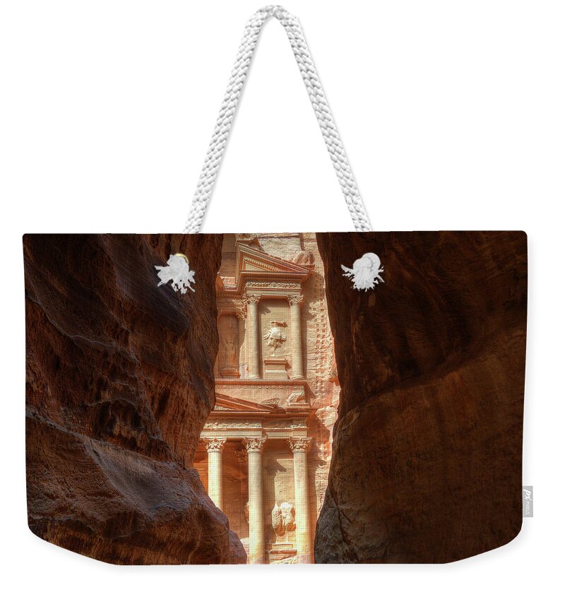 Petra Weekender Tote Bag featuring the photograph Petra Treasury Revealed by Nigel Fletcher-Jones