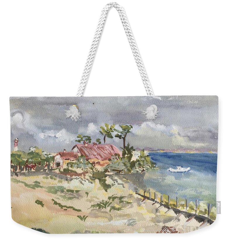 Plage Weekender Tote Bag featuring the painting Phare du Cap Ferret - Hommage famille David. by Francoise Chauray
