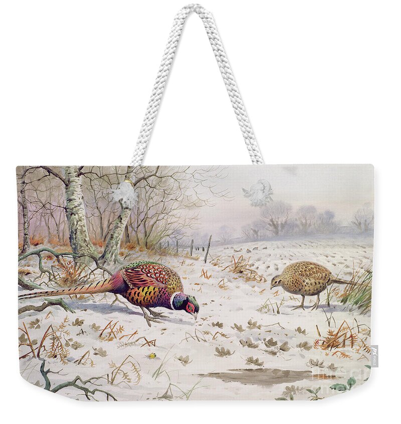 Partridge Weekender Tote Bag featuring the painting Pheasant and Partridge Eating by Carl Donner