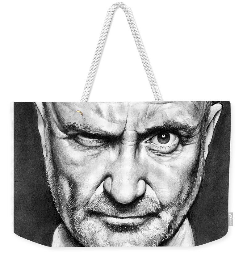 Phil Collins Weekender Tote Bag featuring the drawing Phil Collins by Greg Joens