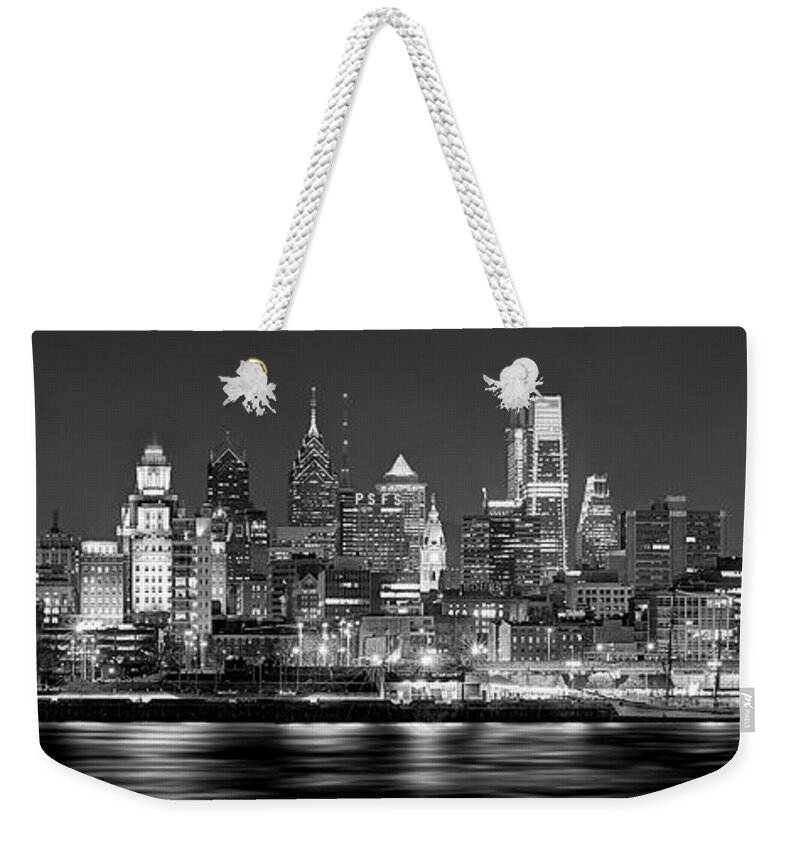 Philadelphia Skyline At Night Weekender Tote Bag featuring the photograph Philadelphia Philly Skyline at Night from East Black and White BW by Jon Holiday